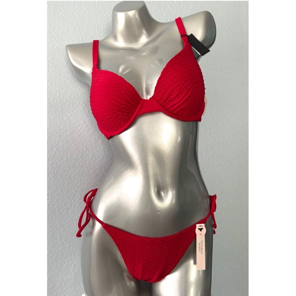Victoria's Secret Swim Suit Bikini Set Red Underwire Side Tie Cheeky 40DD / XL